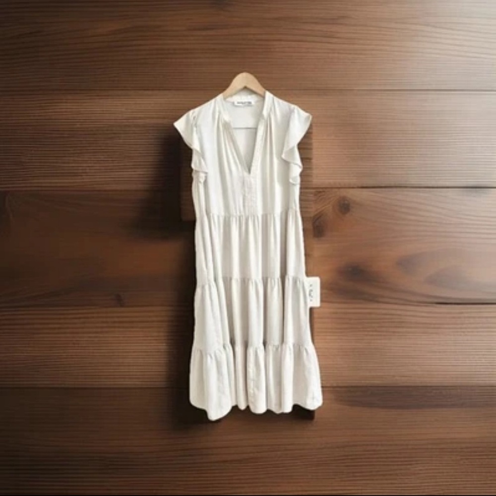 Amanda Uprichard Sheridan Tired Midi Dress Side Pockets Size Large Ivory- EUC